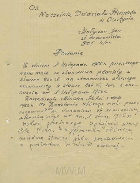 KKE 5631.jpg - Dok. Roszczenie Jana Małyszko do Polskich Kolei Państwowych w Olsztynie dotyczące wypłaty różnicy wyposażenia, Ostróda, 1956 r.